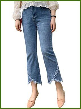 Stretch Denim Ripped Cropped Jeans Frayed Tassel Fringe Women's Casual Pants